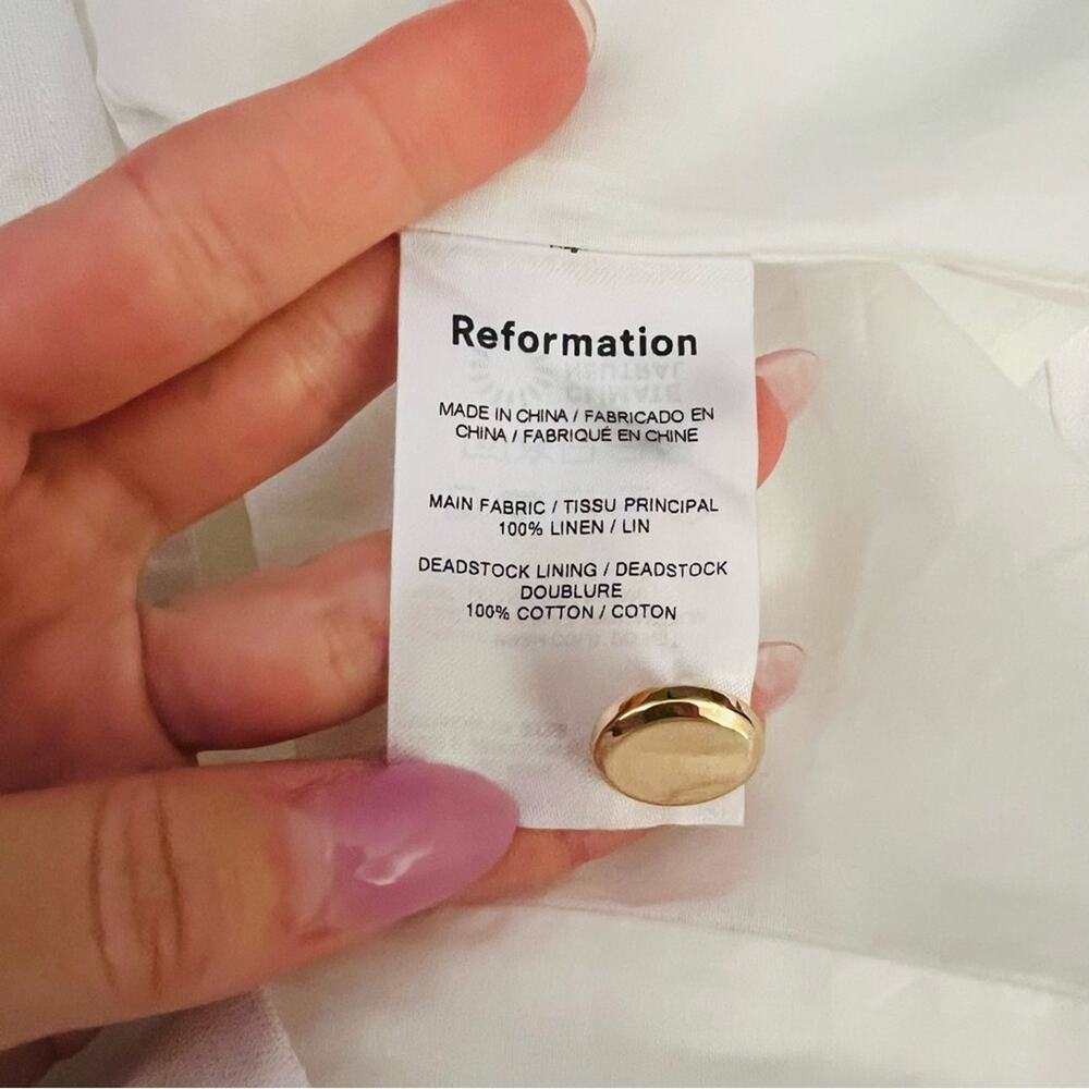 REFORMATION Shiela Linen Dress White Strapless Sheath Mini Gold Button Sz 8 NEW - Picture 8 of 10